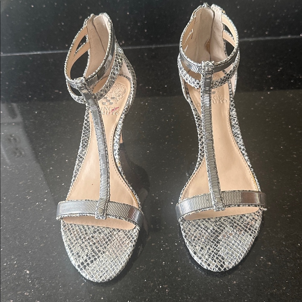 Vince Camuto Chic Silver Snakeskin T-Strap Heels